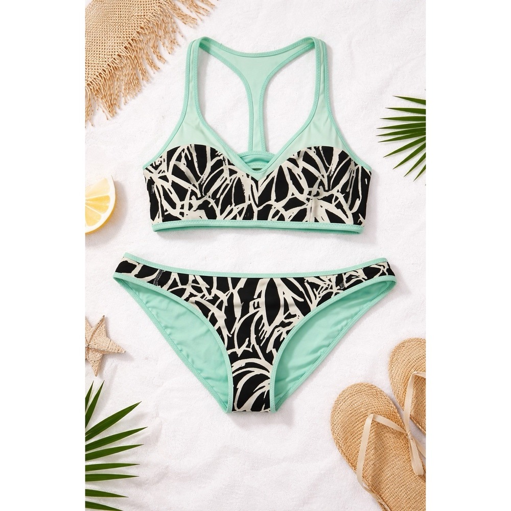 Mint Black Printed Racerback Bikini Set